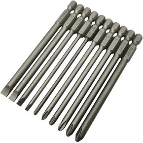 Long Slotted Head and Cross Phillips Screwdriver Bit Sets with 1/4 Inch Hex Shank 4 inch Lenght 4pcs Slotted Head and 6pcs Philips Cross Head Screw Driver Bits (10Pcs Slotted + Cross 100mm)