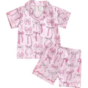 MAINESAKA Toddler Girl Satin Silk Pajamas Set Baby Summer Pjs Short Sleeve Button Down Shirt And Shorts Sleepwear Lounge Set