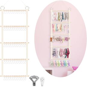 Munzong Headband Holder 52x17 inch, Hair Bow Organizer for Baby Girls, Beige Wall Hanging Wood Headband Organizers w/Storage Net, Hair Accessories Storage Hanger for Toddler Kids Nursery Room Decor