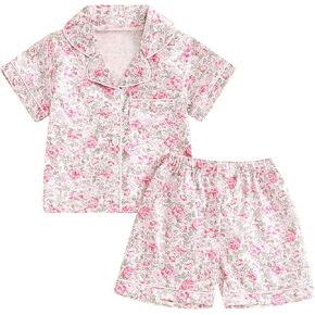MAINESAKA Toddler Baby Boy Girl Satin Pajamas Set Button-Up Sleep Shirt Shorts Kids Button-Down Pjs Loungewear Sleepwear
