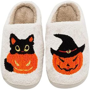 Halloween Pumpkin Slippers for Women Men Lantern Cat Pumpkin Slippers Warm Cozy Indoor Outdoor Slippers