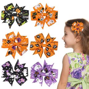 Sibba 6 Pieces Halloween Hair Bows Clip Bow Hair Pins Pumpkin Bat Pattern Cute Clip Barrette Boutique Hairband Accessories for Baby Girls