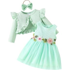 IDOPIP Baby Girls Tutu Dress Cardigan Headband Set Floral Embroidery Tulle Birthday Outfits Princess Party Pageant Dresses