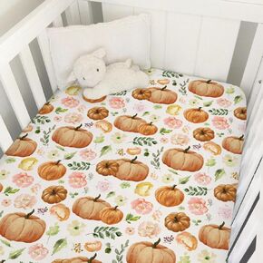 Vintage Fall Pumpkins Boho Floral Baby Crib Fitted Sheet 52''x28'' Thanksgiving Pumpkins Snug Fitted Crib Mattress Sheet for Boy Girl Nursery Bed Sheet for Standard Crib and Toddler Mattress
