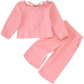 Ritatte Toddler Girl Linen Outfits Solid Square Neck Long Sleeve T-Shirt Long Pants Fall Cotton Linen Clothes 2Pcs Set 1-6T