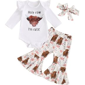 Newborn Baby Girl Fall Outfits Holy Cow Print Long Sleeve Romper Cow Floral Flare Pants Headband Set 3Pcs Clothes