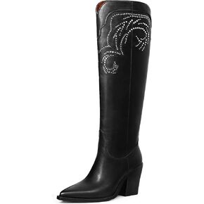MUCCCUTE Cowboy Boots for Women Knee High Cowgirl Boots Pointed Toe Chunky Heel Tall Western Boots with Fashion Stud and Side Zipper