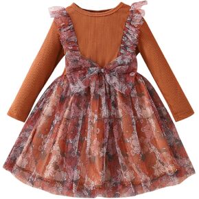 IDOPIP Toddler Baby Girl Tutu Dress Ribbed Ruffle Long Sleeve Princess Birthday Party Colorful Tulle Bow Dresses Fall Clothes