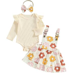 Newborn Baby Girl Outfits Long Sleeve Romper Floral Suspenders Skirt Cute Headband 3 Pcs Infant Fall Winter Clothes