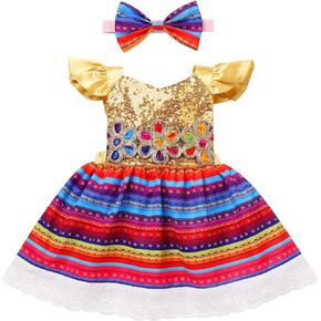 IKADEX Baby Girls Mexican Dress Flutter Sleeve Sequins Floral Striped Cinco de Mayo Party Dresses
