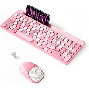Wireless Keyboard and Mouse Combo, Retro Typewriter Wireless Keyboard with Round Keycaps, 2.4GHz Compact USB Cute Wireless Keyboard Mouse for Computer, Desktop, Laptop and Computer