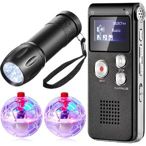 Dunzy 4 Pcs Ghost Hunting Equipment Kit Includes 1 Pocket Digital Voice Recorder 2 LED Light Up Pet Cat Ball 1 Black UV Flashlight, 8 GB (Stylish)(Practical)