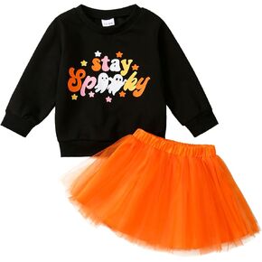 Toddler Girl Halloween 0utfits Pumpkin/Ghost Long Sleeve Hoodie Top+Gauze Tutu Skirts