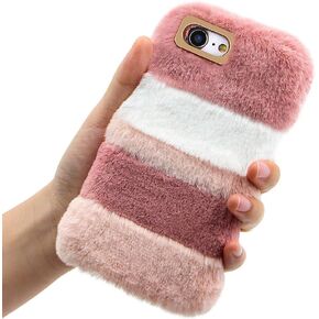 Plush Case Compatible with iPod Touch 7/iPod Touch 5/iPod Touch 6,Cute Furry Rabbit Fur Hair Winter Warm Fluffy Fuzzy Cover Bling Crystal Diamond Soft Silicone Case for Girls Women,Pink