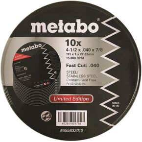 Metabo - Application: Steel/Stainless Steel - Slicer Wheel Promo Tin, 4.5"X.040x7/8 A60T, Pk 10 (655832010), Type 1 "Slicer" Wheels