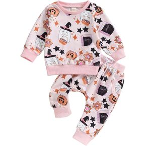 Toddler Baby Girl Halloween Outfit Long Sleeve Cute Print Sweatshirt Shirt Tops + Pants Fall Winter Clothes Set