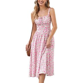 Women's Summer Spring Dress 2024 Ruched Bust Dress with Pockets Pink and Green XXL
