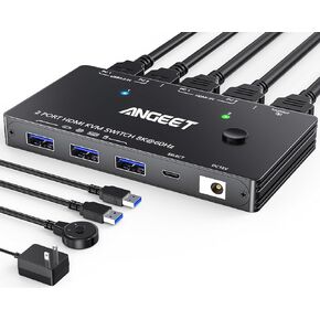 KVM Switch 3 Monitors 3 Computers 8K@60Hz 4K@144Hz, ANGEET HDMI and Displayport Triple Monitor KVM Switch, 3 Monitors KVM with 4 USB 3.0 Ports for USB Devices, Wired Remote and Power Adapter Included