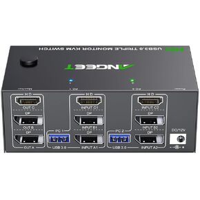 KVM Switch 3 Monitors 3 Computers 8K@60Hz 4K@144Hz, ANGEET HDMI and Displayport Triple Monitor KVM Switch, 3 Monitors KVM with 4 USB 3.0 Ports for USB Devices, Wired Remote and Power Adapter Included