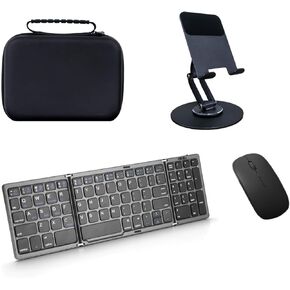 Folding Bluetooth Keyboard and Mouse,360° Rotatable Metal Desk Stand with Bag,Portable Keyboard with Number for Business and Travel for Samsung Galaxy Z Fold 4 5 6,Tablets,Laptop,PC (Gray)