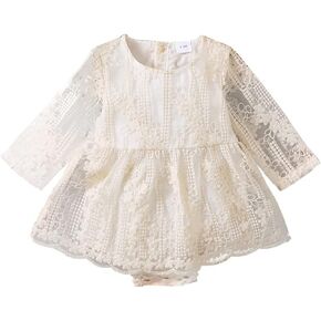 IDOPIP Newborn Baby Girls Lace Romper Dress Toddler Boho Floral Lace Long Sleeve Bodysuit Jumpsuit Baptism Birthday Outfits