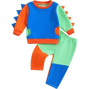 Toddler Baby Boys Girls Dinosaur Outfit Color Block Long Sleeve Sweatshirt Top Jogger Pant Fall Winter Clothes Set