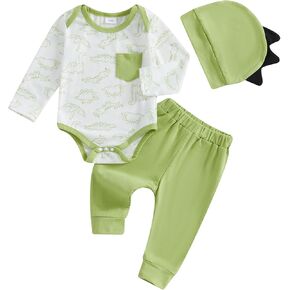 ZAXARRA Newborn Coming Home Baby Boy Outfits Long Sleeves Dinosaur Print Romper Top Contrast Color Pants Fall Clothing Sets