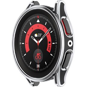 LOKEKE Compatible with Samsung Galaxy Watch 5 Pro 45MM PC Protective Watch Case Cover with Tempered Glass Screen Protector(Black + Silver)