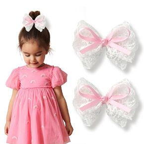2pcs Lace Hair Bows for Girls, White Lace with Burgundy Hair Ribbons, Alligator Bow Hair Clips, Handmade Hair Accessories for Girls