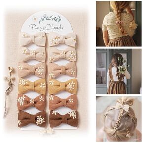 Baby Toddler Girls Hair Ties with Daisy Linen Bows,12 pcs No Damage Elastic Nylon Hair Bands Ponytail Holders,Small Hair Accessories Gifts for Girls Kids Children Thick Thin Hair