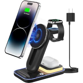 3 in 1 Wireless Charging Station for iPhone - Wireless Charger for Apple Multiple Devices,Magnetic Mag-Safe Travel Charging Stand Dock for iPhone 15 14 13 12 Pro Max Plus iWatch Watch & Airpods