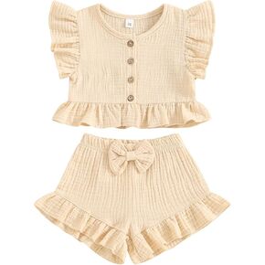 Toddler Baby Girl Solid Color Fly Sleeve Button Ruffle Tops+Bow Shorts Bubble Two Piece Summer Outfit Clothes Set