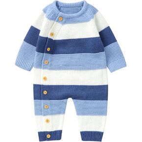Infant Girl Boy Striped Sweater Romper Button Up Long Sleeve Full Length Jumpsuit Newborn Baby Coming Home Outfit