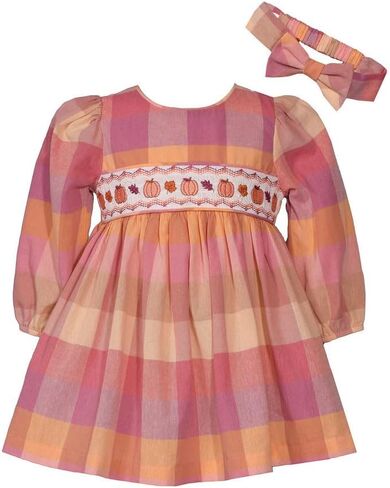 Bonnie Jean Thanksgiving Dress - Buffalo Check Pumpkin Smocked Dress with Headband for Baby, Toddler, Little Girls in Saudi Arabia