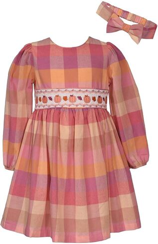 Bonnie Jean Thanksgiving Dress - Buffalo Check Pumpkin Smocked Dress with Headband for Baby, Toddler, Little Girls in Saudi Arabia
