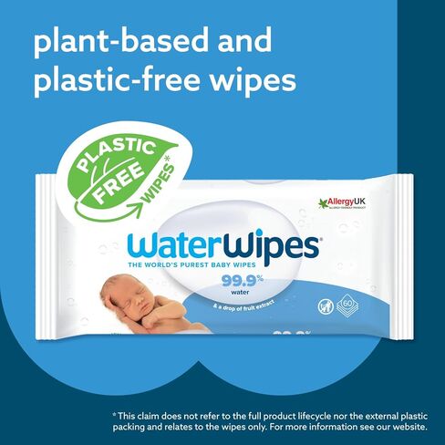 مناديل مبللة للأطفال أصلية خالية من البلاستيك من WaterWipes، مناديل مبللة مائية بنسبة 99.9%، غير معطرة ولا تسبب الحساسية للبشرة الحساسة، عدد 1080 (18 عبوة) in Kuwait