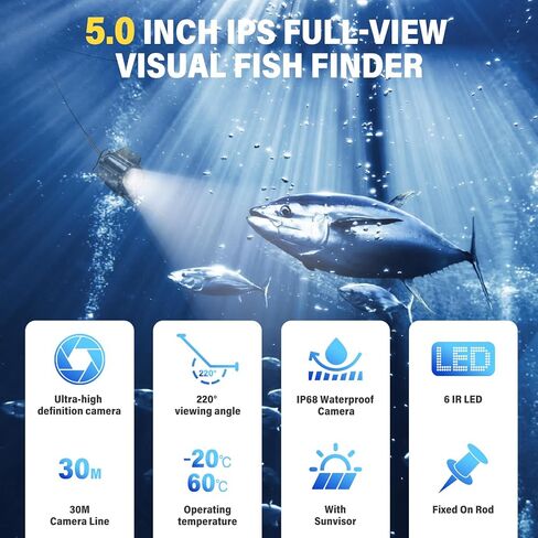 Fish Finder Underwater Fishing Camera, Infrared Night Vision, Wide Angle, IP65 Waterproof, with 5 Inch IPS Display, for Ice, River and Boat in Saudi Arabia