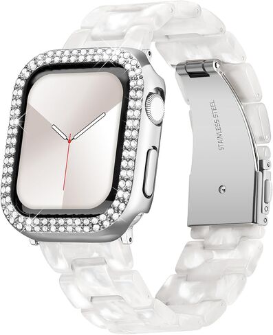 Resin Watch Bands Compatible with Apple Watch Band 40mm 41mm 44mm 45mm iWatch Watch Strap with Glitter Bling Protective Case Cover Wristband for Apple Watch Series 8 7 SE SE2 6 5 4 in Saudi Arabia