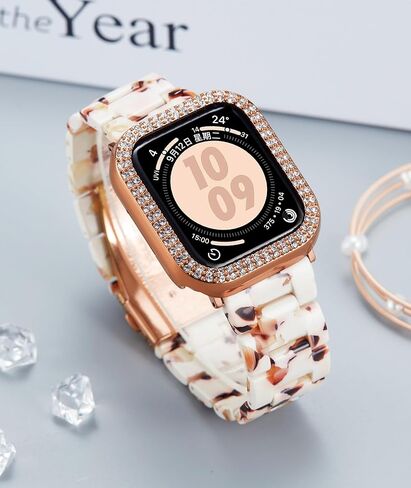 Resin Watch Bands Compatible with Apple Watch Band 40mm 41mm 44mm 45mm iWatch Watch Strap with Glitter Bling Protective Case Cover Wristband for Apple Watch Series 8 7 SE SE2 6 5 4 in Kuwait