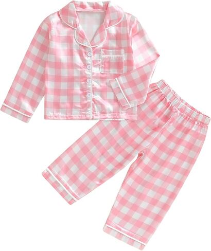 Girls Silk Pajamas Baby Plaid Print Button Up Long Sleeves Shirt + Elastic Pants Loungewear Toddler Sleepwear in Saudi Arabia