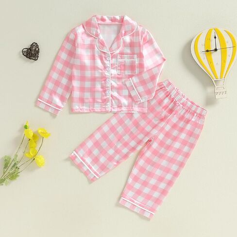 Girls Silk Pajamas Baby Plaid Print Button Up Long Sleeves Shirt + Elastic Pants Loungewear Toddler Sleepwear in Saudi Arabia