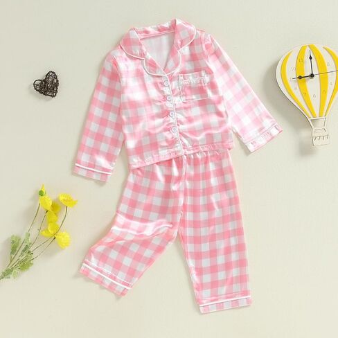 Girls Silk Pajamas Baby Plaid Print Button Up Long Sleeves Shirt + Elastic Pants Loungewear Toddler Sleepwear in Saudi Arabia