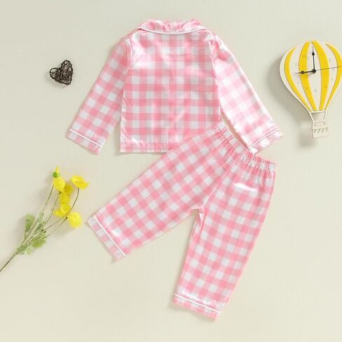 Girls Silk Pajamas Baby Plaid Print Button Up Long Sleeves Shirt + Elastic Pants Loungewear Toddler Sleepwear in Saudi Arabia
