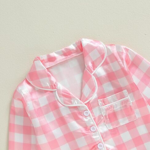 Girls Silk Pajamas Baby Plaid Print Button Up Long Sleeves Shirt + Elastic Pants Loungewear Toddler Sleepwear in Saudi Arabia