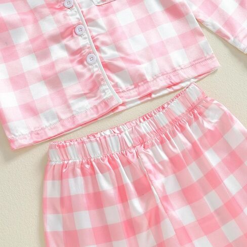 Girls Silk Pajamas Baby Plaid Print Button Up Long Sleeves Shirt + Elastic Pants Loungewear Toddler Sleepwear in Saudi Arabia