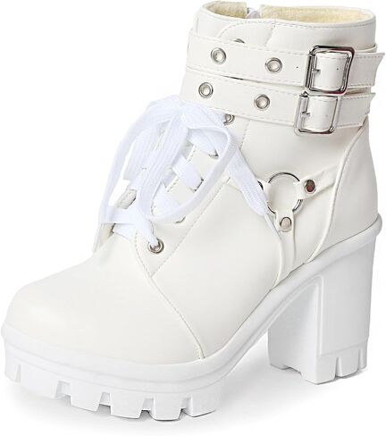 MEOTINA Goth Women Platform High Heel Boots Buckle Combat Ankle Booties | Features edgy gothic steampunk rave emo sexy cosplay styling, designed with thick heel, buckle, studded ,lace up and zipper in Saudi Arabia