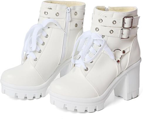MEOTINA Goth Women Platform High Heel Boots Buckle Combat Ankle Booties | Features edgy gothic steampunk rave emo sexy cosplay styling, designed with thick heel, buckle, studded ,lace up and zipper in Saudi Arabia