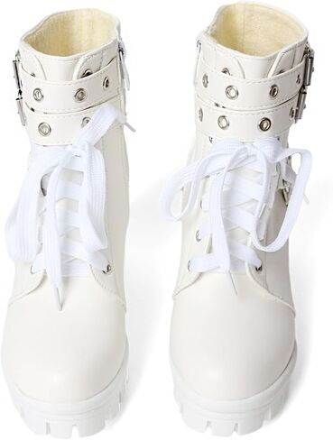 MEOTINA Goth Women Platform High Heel Boots Buckle Combat Ankle Booties | Features edgy gothic steampunk rave emo sexy cosplay styling, designed with thick heel, buckle, studded ,lace up and zipper in Saudi Arabia