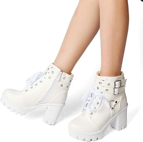 MEOTINA Goth Women Platform High Heel Boots Buckle Combat Ankle Booties | Features edgy gothic steampunk rave emo sexy cosplay styling, designed with thick heel, buckle, studded ,lace up and zipper in Saudi Arabia