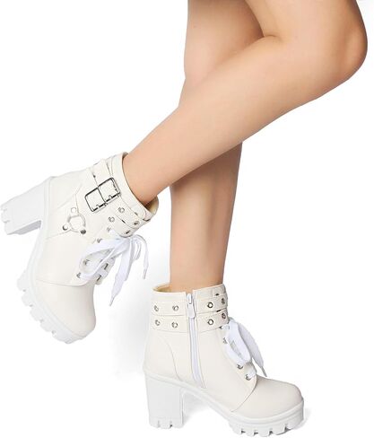 MEOTINA Goth Women Platform High Heel Boots Buckle Combat Ankle Booties | Features edgy gothic steampunk rave emo sexy cosplay styling, designed with thick heel, buckle, studded ,lace up and zipper in Saudi Arabia